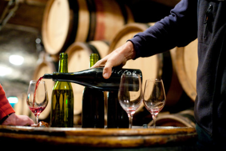 Tasting red wine in a Burgundy winemaker's cellar